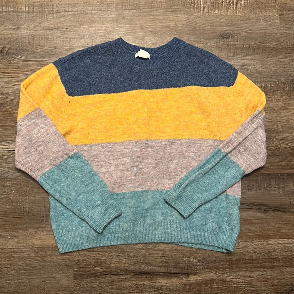 🌈 H&M Colorblock Striped Knit Sweater Blue Mustard Teal Size Medium